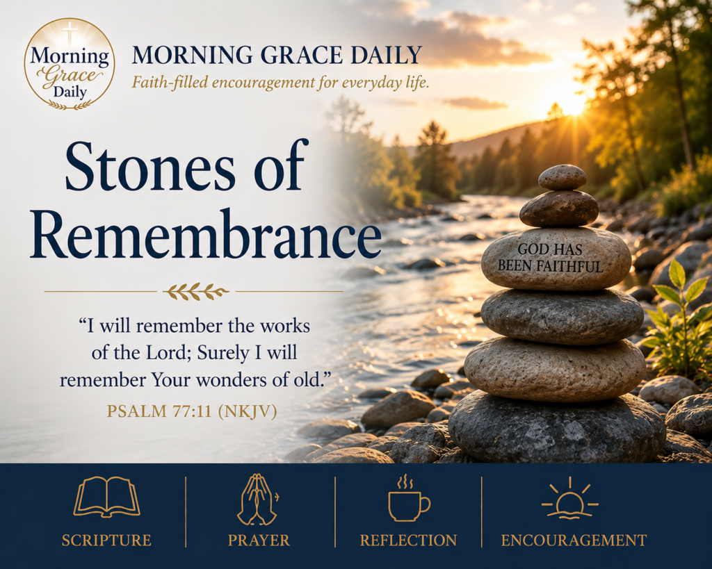 Remember God’s faithfulness devotional featuring remembrance stones beside peaceful water at sunrise, inspired by Psalm 77:11 with the Morning Grace Daily logo.
