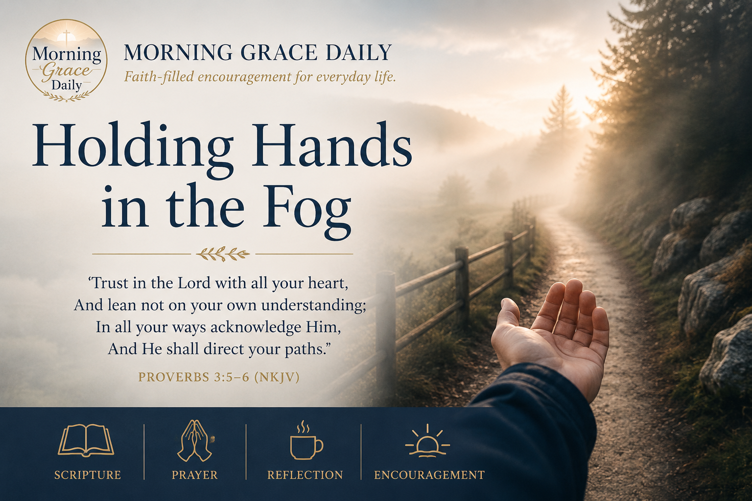 Walk by faith devotional featuring a person walking through morning fog while holding a guiding hand, inspired by 2 Corinthians 5:7 with the Morning Grace Daily logo.