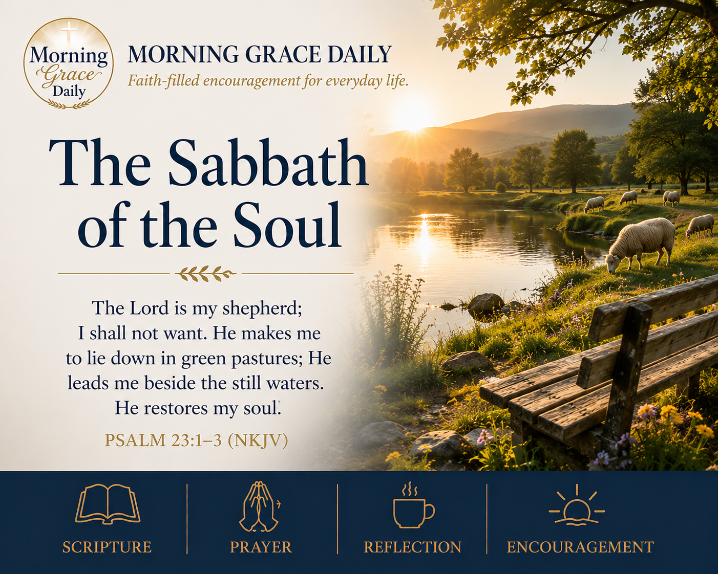 Restore my soul devotional featuring a peaceful shepherd's meadow at sunrise inspired by Psalm 23:1–3 with the Morning Grace Daily logo.