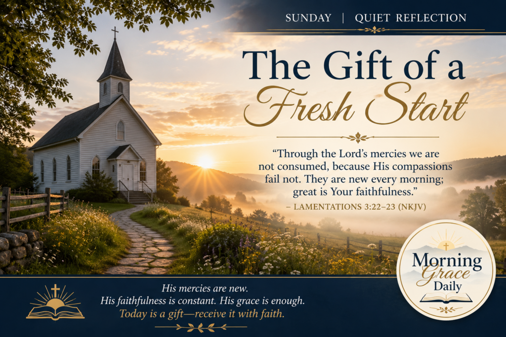Fresh start devotional featuring a peaceful country church at sunrise inspired by Lamentations 3:22–23 with the Morning Grace Daily logo.