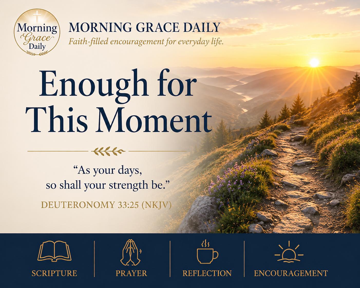 Strength for today devotional featuring a peaceful sunrise over rolling hills, inspired by Deuteronomy 33:25 with the Morning Grace Daily logo.