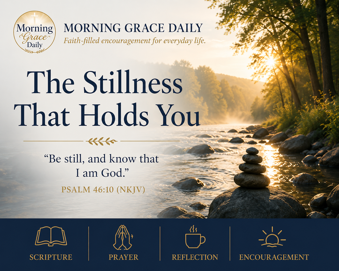 Be still and know devotional featuring a peaceful sunrise over a quiet lake inspired by Psalm 46:10 with the Morning Grace Daily logo.