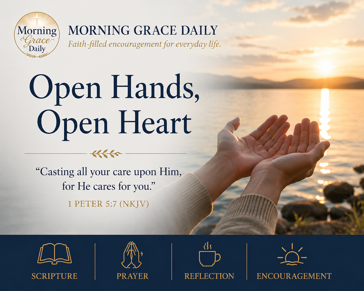 Cast your cares on Him devotional featuring open hands lifted in prayer at sunrise, inspired by 1 Peter 5:7 with the Morning Grace Daily logo.