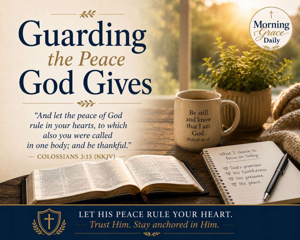 Let the peace of God rule devotional featuring a peaceful sunrise over calm water inspired by Colossians 3:15 with the Morning Grace Daily logo.