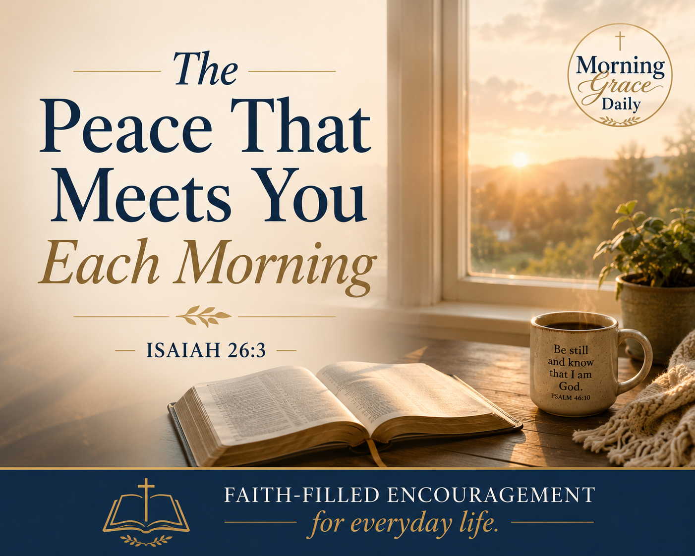 Morning peace devotional featuring a peaceful sunrise over a quiet meadow inspired by Isaiah 26:3 with the Morning Grace Daily logo.