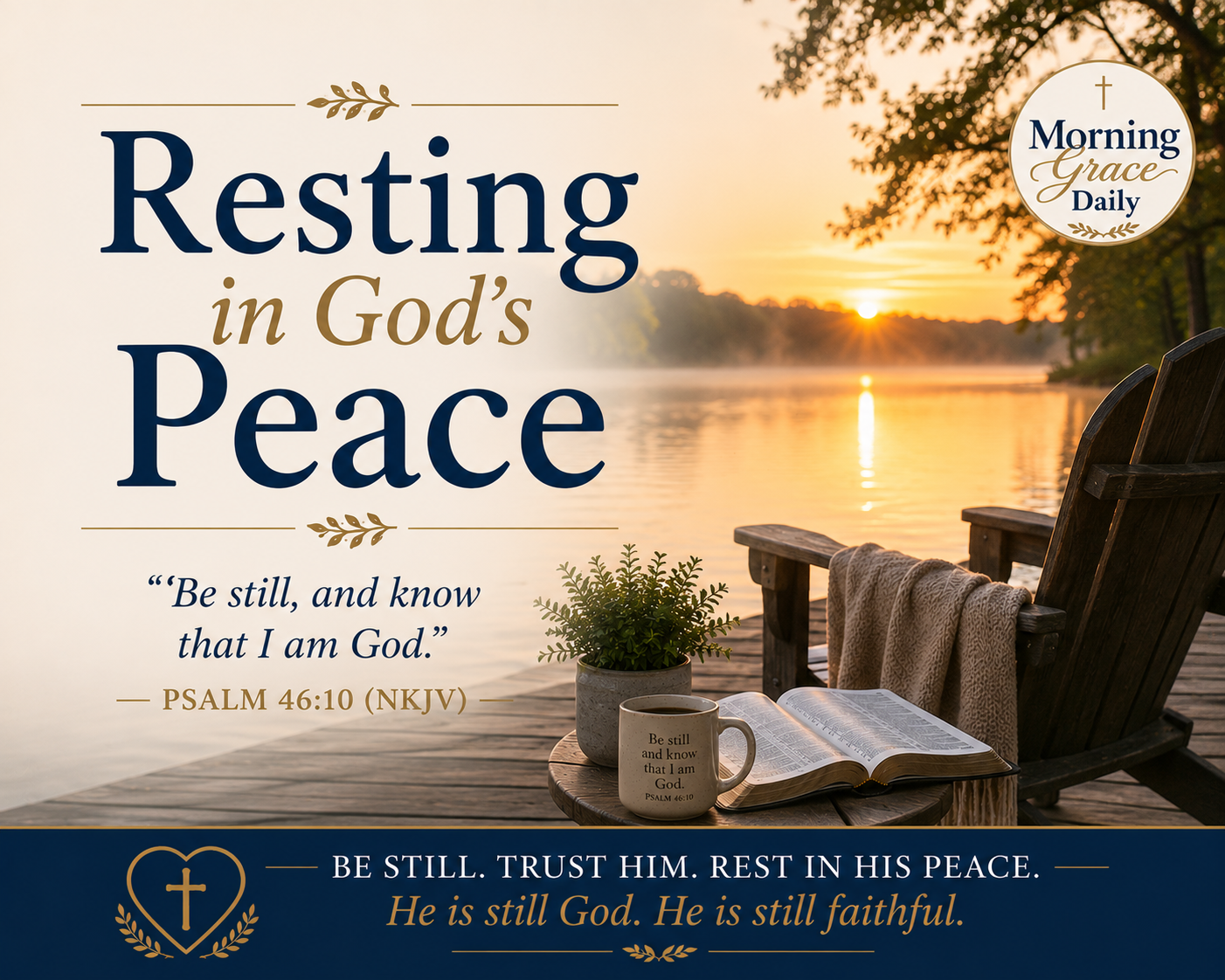 Rest in God’s peace devotional featuring a quiet evening scene beside still water, inspired by Psalm 46:10 with the Morning Grace Daily logo.