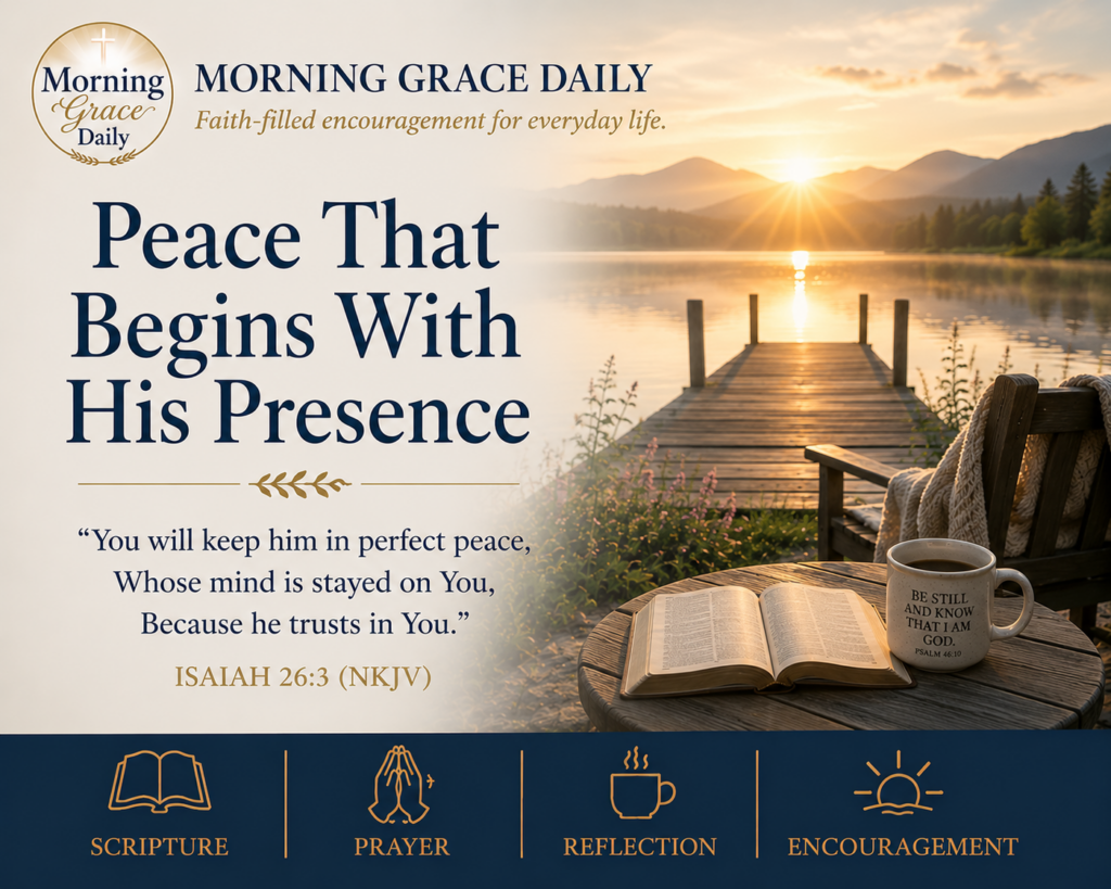 Perfect peace devotional featuring a peaceful sunrise over still waters inspired by Isaiah 26:3 with the Morning Grace Daily logo.