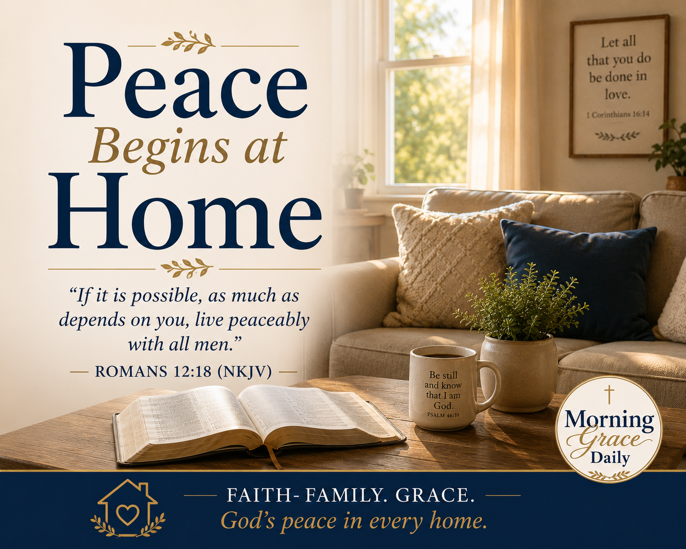 Peace at home devotional featuring a family gathered peacefully in a warm home, inspired by Romans 12:18 with the Morning Grace Daily logo.