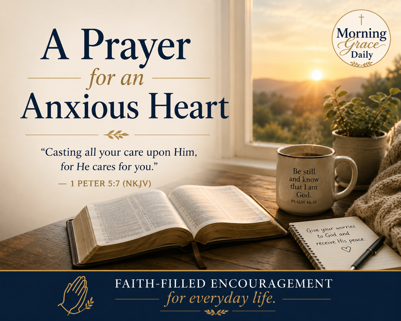 Prayer for anxiety devotional featuring a woman praying quietly beside a window, inspired by 1 Peter 5:7 with the Morning Grace Daily logo.