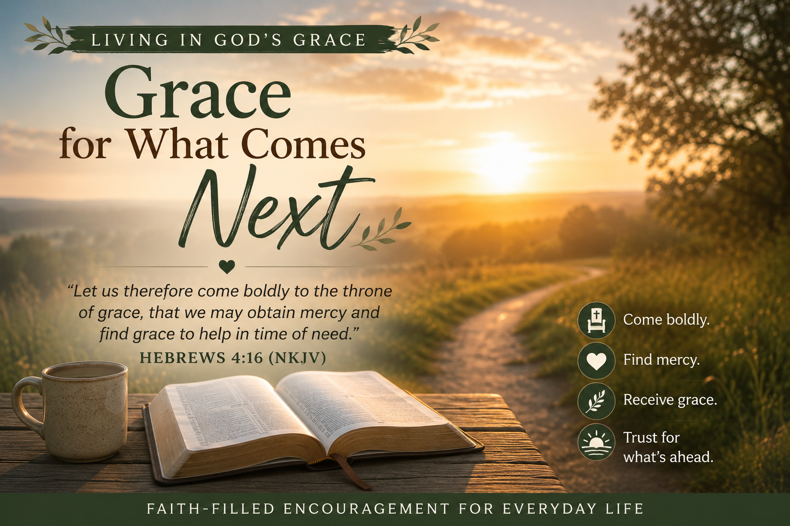 An open Bible beside a peaceful path at sunrise, representing God's grace for what comes next and hope for the days ahead.