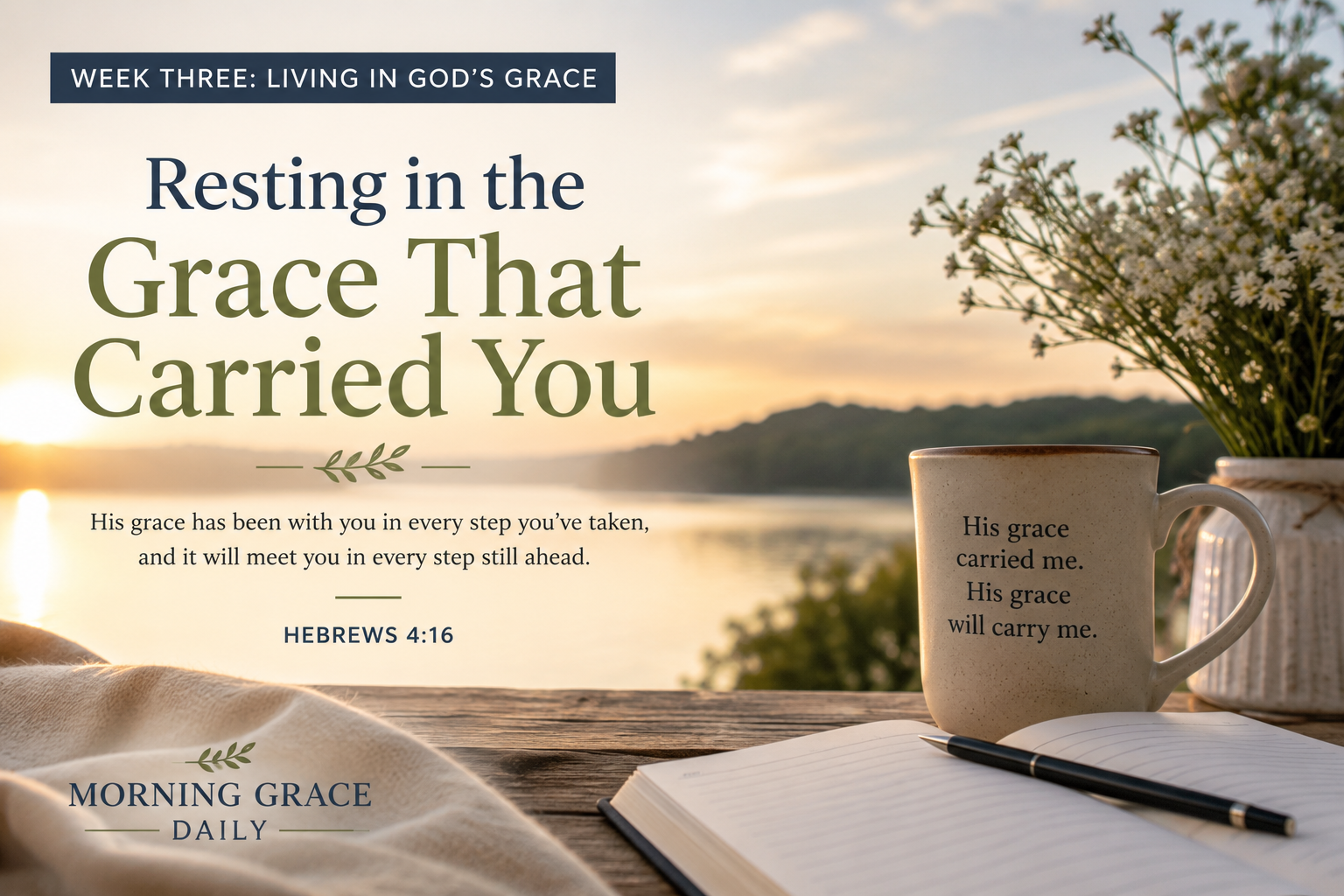 An open Bible in a quiet, peaceful setting representing resting in God’s grace, spiritual renewal, and strength in weakness.