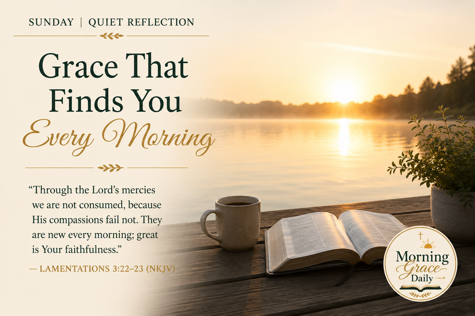 Growing in grace one day at a time devotional featuring a peaceful breakfast nook with morning sunlight, an open Bible, and the Morning Grace Daily logo.
