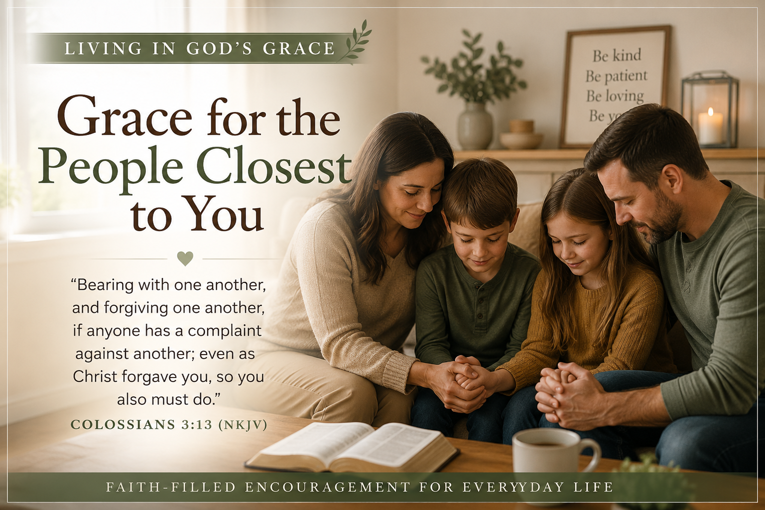 A peaceful family home representing grace in family relationships, patience, forgiveness, and Christ-centered love.