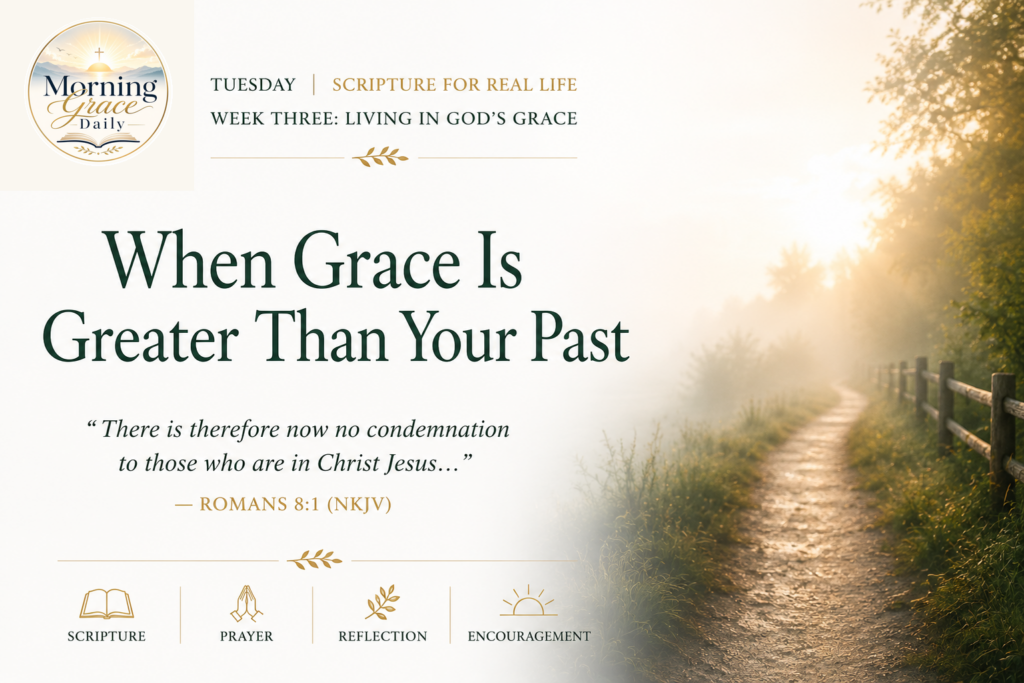 Grace is greater than your past devotional featuring a peaceful forest path after a gentle rain with sunlight breaking through the trees, inspired by Romans 8:1.