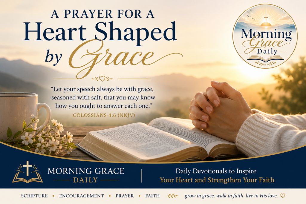 Open Bible beside folded hands at sunrise illustrating a prayer for grace and God's transforming love.