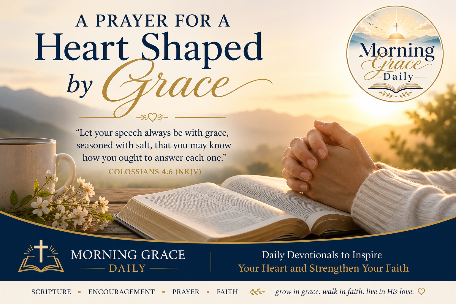 Open Bible beside folded hands at sunrise illustrating a prayer for grace and God's transforming love.