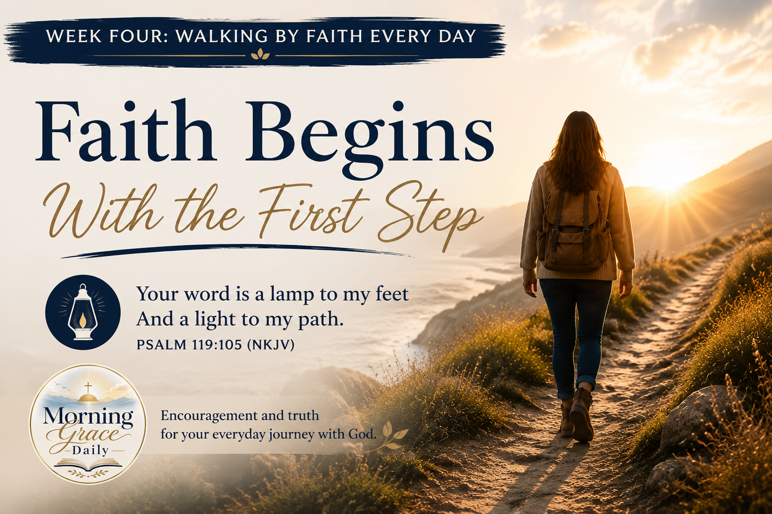 Faith begins with the first step devotional image showing a person walking toward morning light symbolizing God's guidance and direction.
