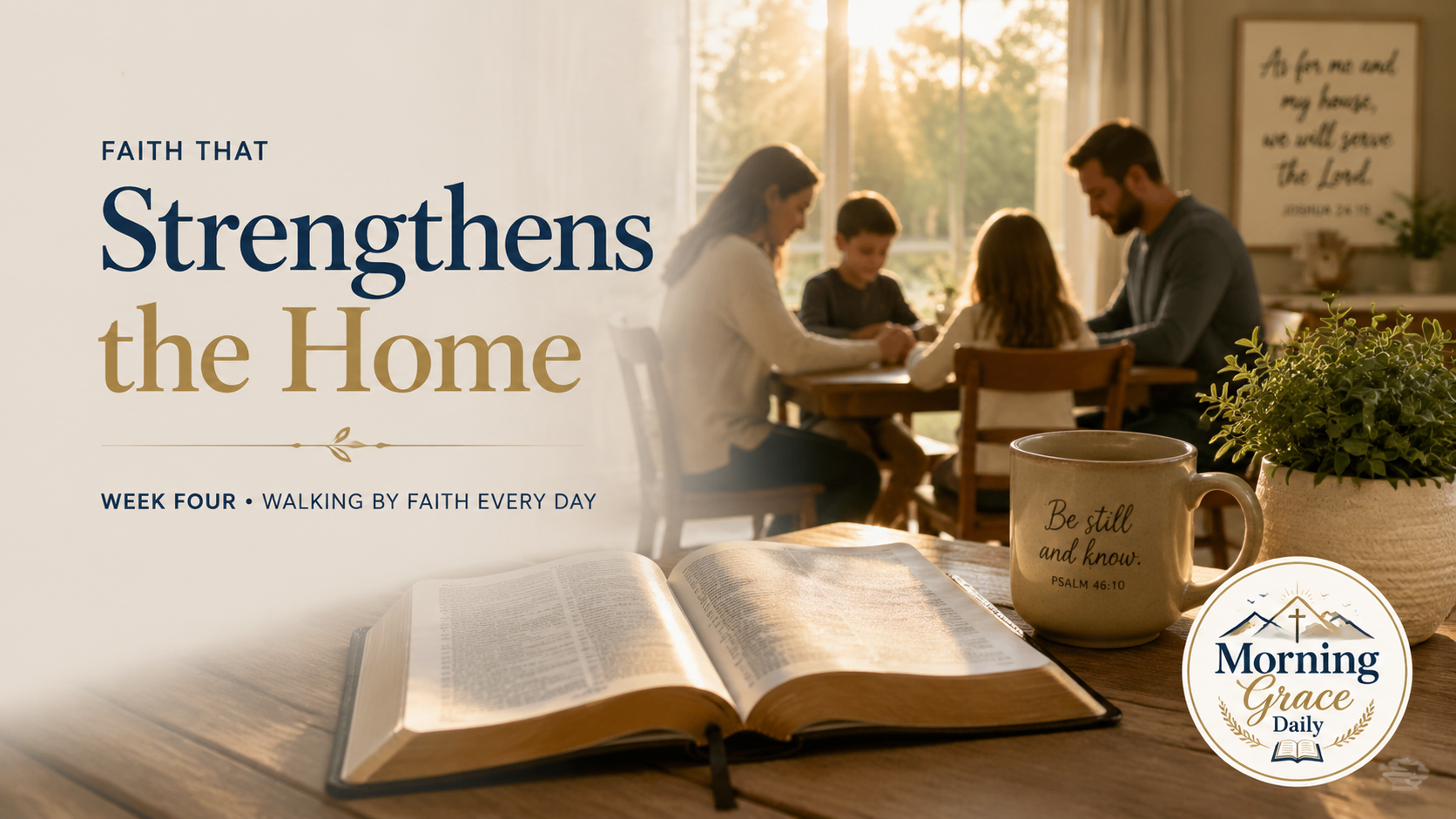Faith that strengthens the home devotional image showing a family gathering together in a peaceful home setting.