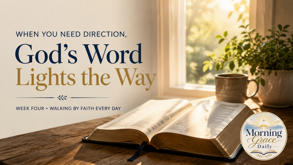 God's Word lights the way devotional image showing an open Bible and peaceful morning light symbolizing Scripture and God's guidance.