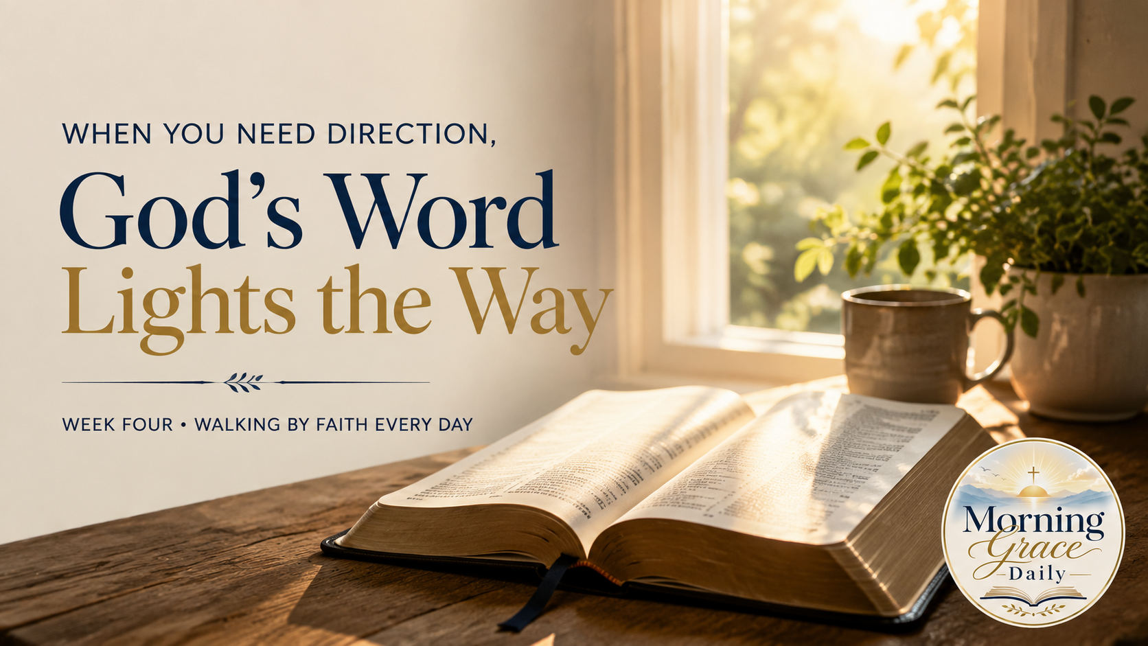 God's Word lights the way devotional image showing an open Bible and peaceful morning light symbolizing Scripture and God's guidance.