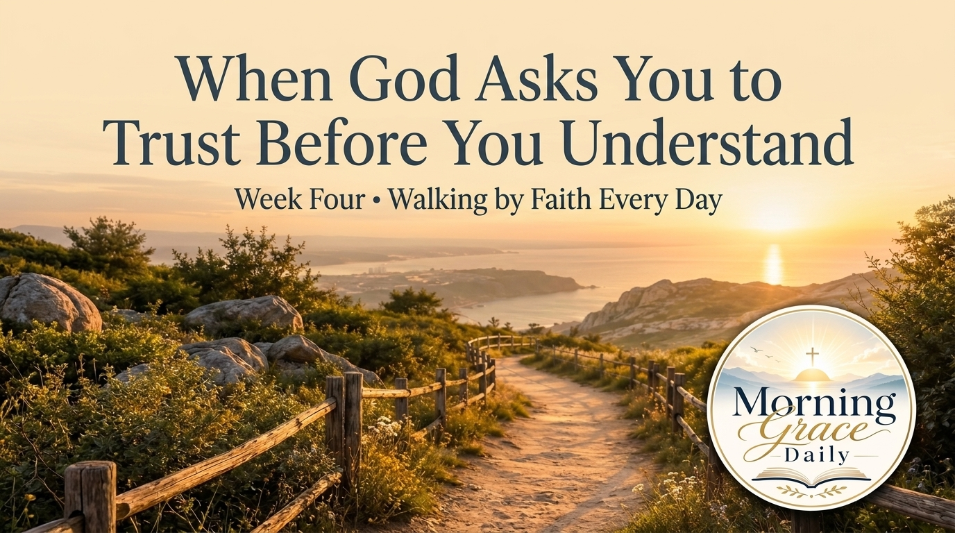 Trust God before you understand devotional image showing a peaceful sunrise over a winding path symbolizing faith and God's guidance.