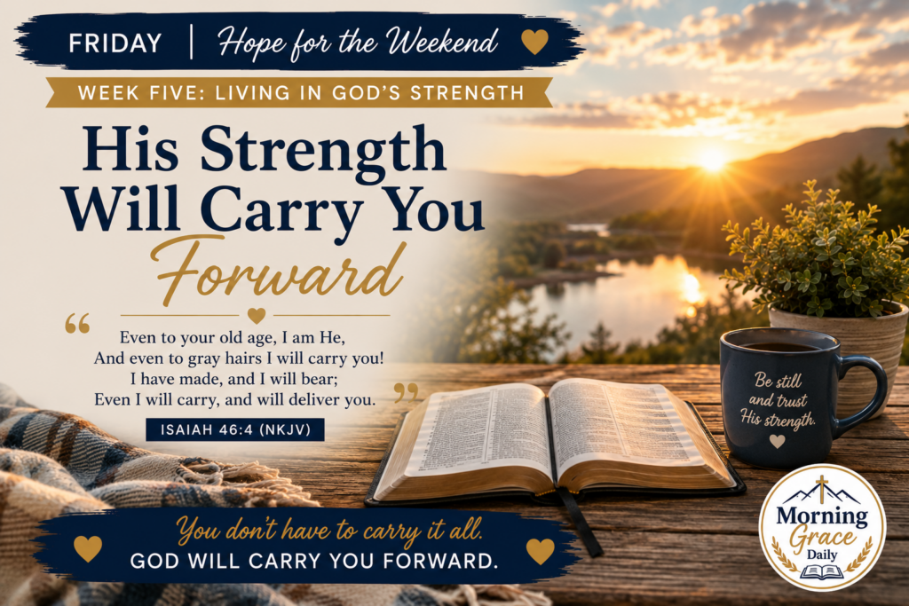 His strength will carry you forward devotional banner with peaceful weekend light and an open Bible.