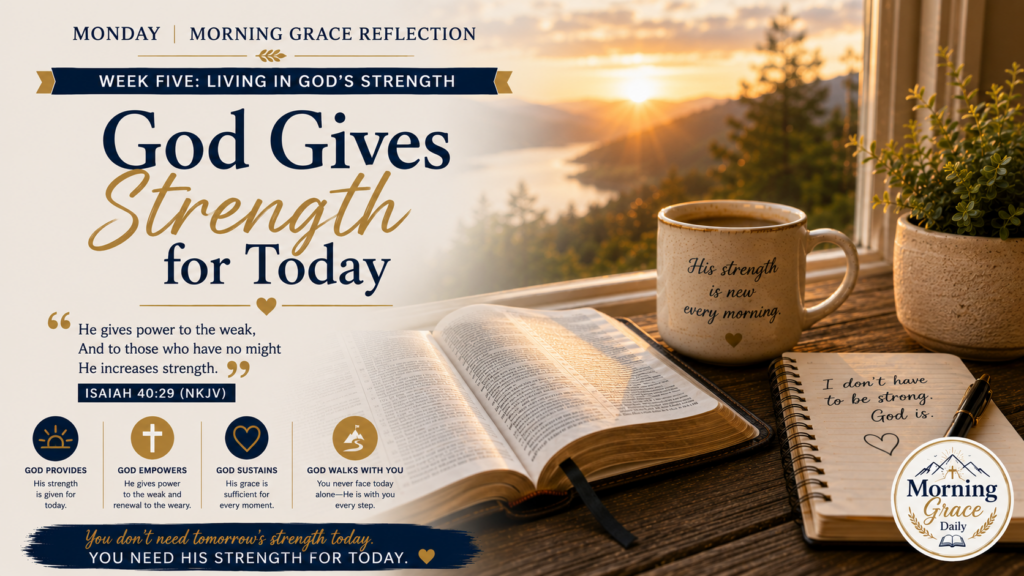 God gives strength for today devotional banner featuring an open Bible at sunrise, symbolizing God's daily strength, peace, and faithful presence.