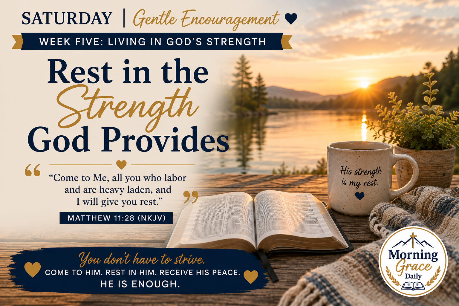 Rest in the strength God provides devotional banner featuring a peaceful sunrise, open Bible, and quiet lakeside setting symbolizing Christ’s rest and renewing peace.