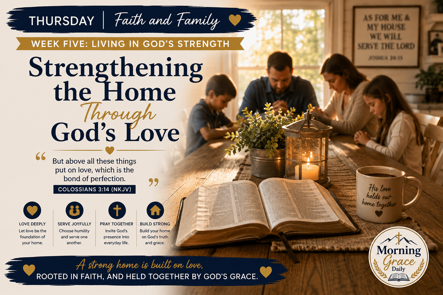 Strengthening the home through God's love devotional banner featuring a warmly lit family dining table with an open Bible, candlelight, and a peaceful home atmosphere.