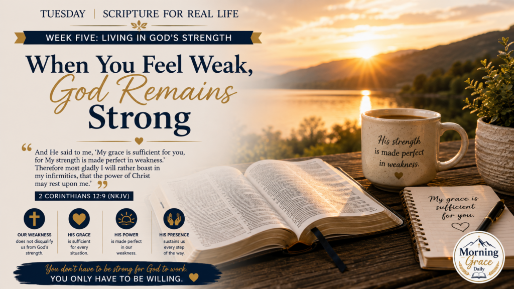 God remains strong devotional banner featuring an open Bible and sunrise representing God's strength and sufficient grace.