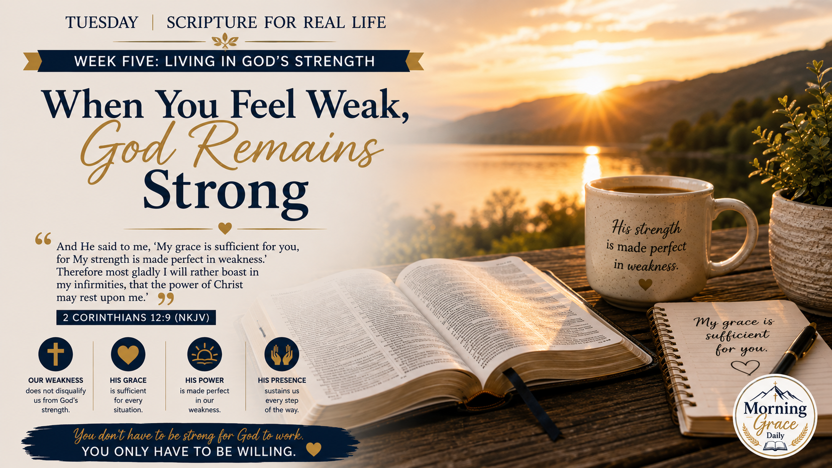 God remains strong devotional banner featuring an open Bible and sunrise representing God's strength and sufficient grace.
