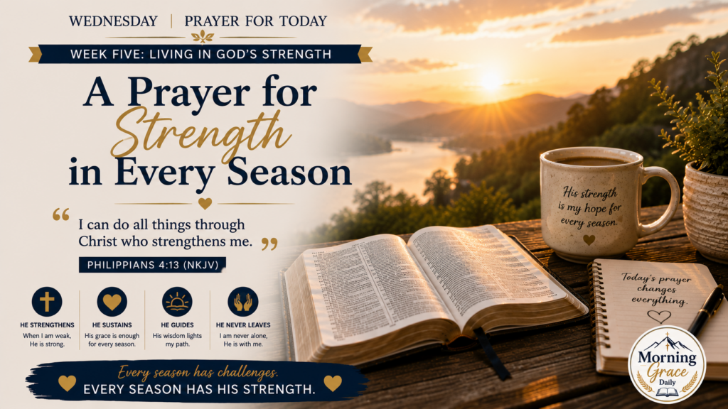 Prayer for strength in every season devotional banner featuring a peaceful sunrise, open Bible, and hands folded in prayer, symbolizing God's sustaining strength.