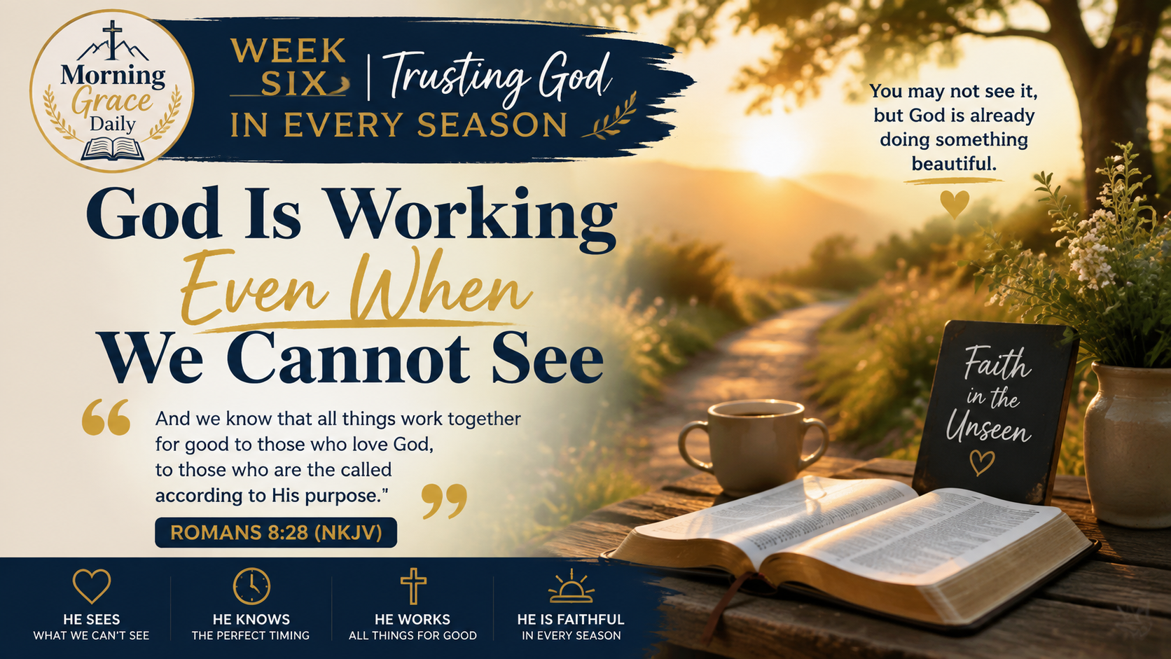 God is working even when we cannot see devotional banner featuring peaceful morning light, an open Bible, and a quiet path symbolizing faith and trust in God's unseen work.