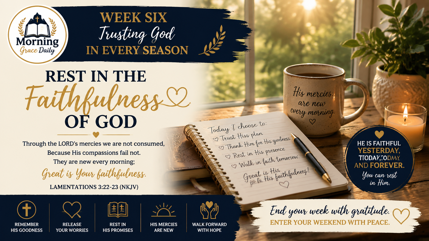 Rest in Gods faithfulness devotional banner showing a peaceful morning journal, soft natural light, and a quiet reflective setting symbolizing gratitude, peace, and God's presence.