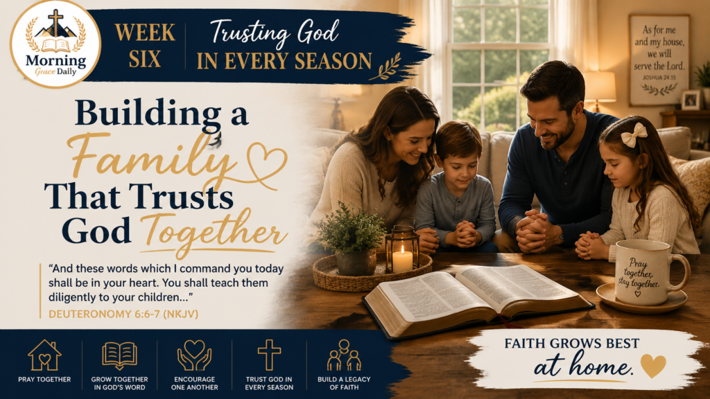 Building faith at home devotional banner showing a family gathering with an open Bible, warm light, and a peaceful home setting symbolizing faith and trust in God.