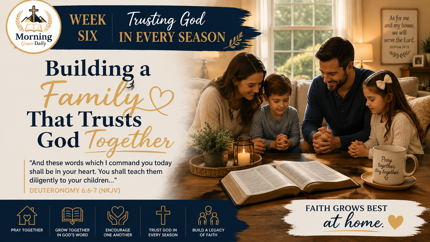 Building faith at home devotional banner showing a family gathering with an open Bible, warm light, and a peaceful home setting symbolizing faith and trust in God.