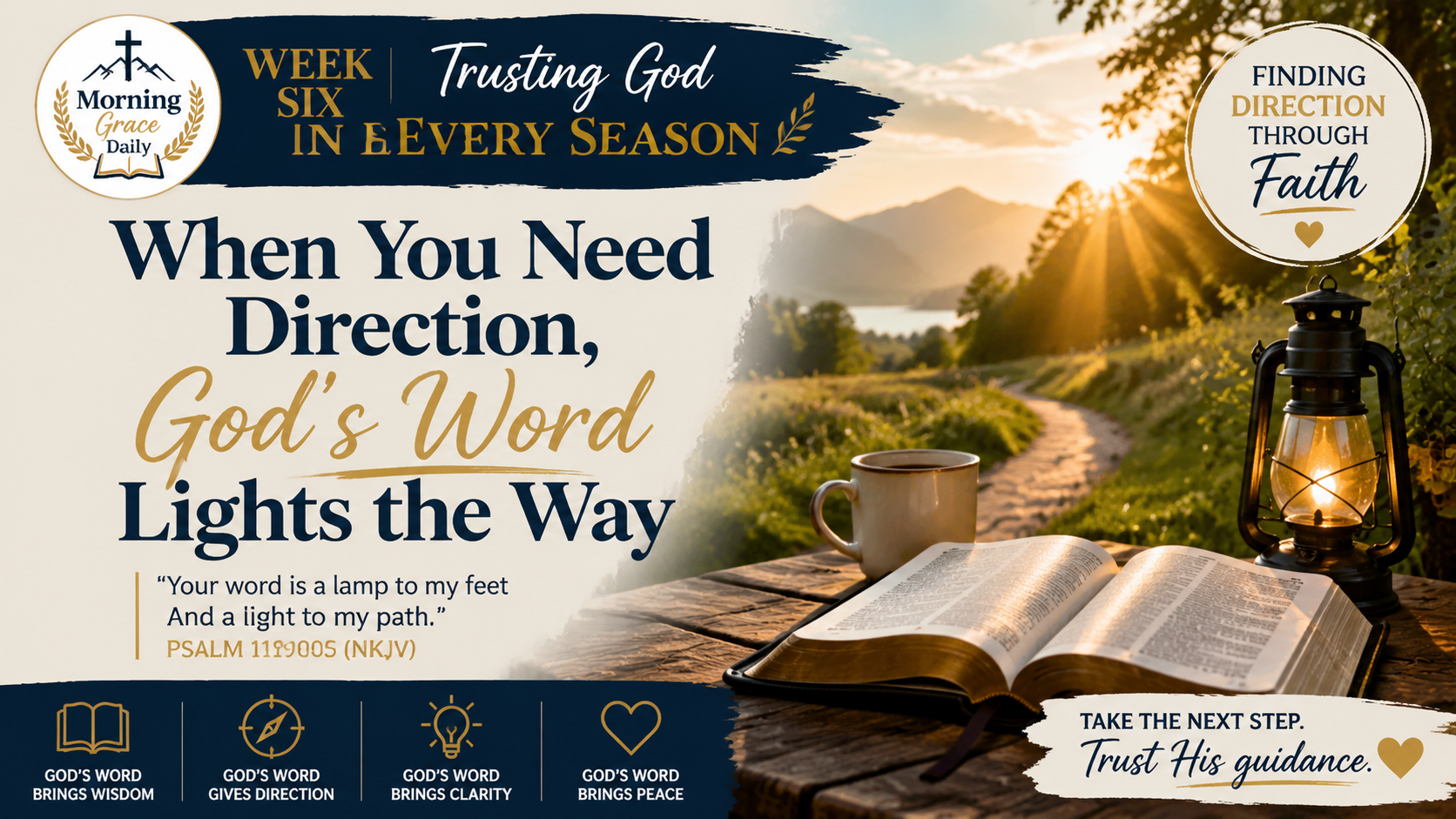 Finding direction through faith devotional banner showing an open Bible, peaceful pathway, and morning light symbolizing God's guidance and wisdom.