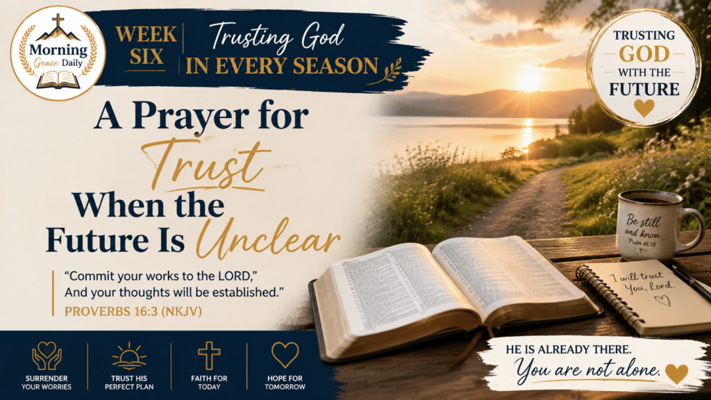 Trusting God with the future devotional banner showing peaceful morning light, an open Bible, and a quiet path symbolizing faith, surrender, and God's guidance.