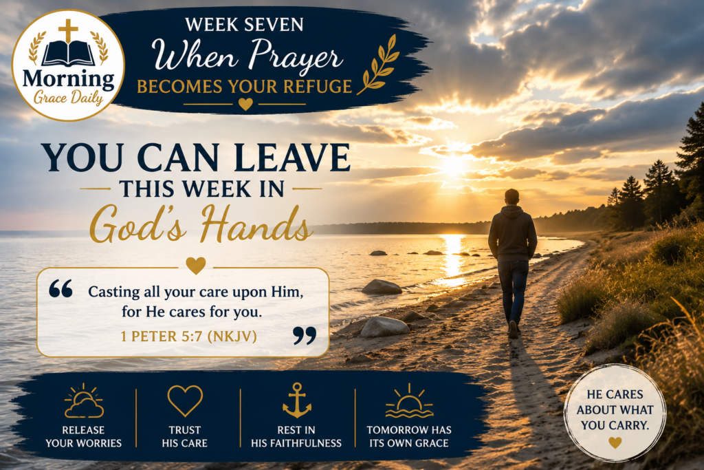 Give your burdens to God devotional image representing the peaceful release of worries and unfinished concerns at the end of the week.