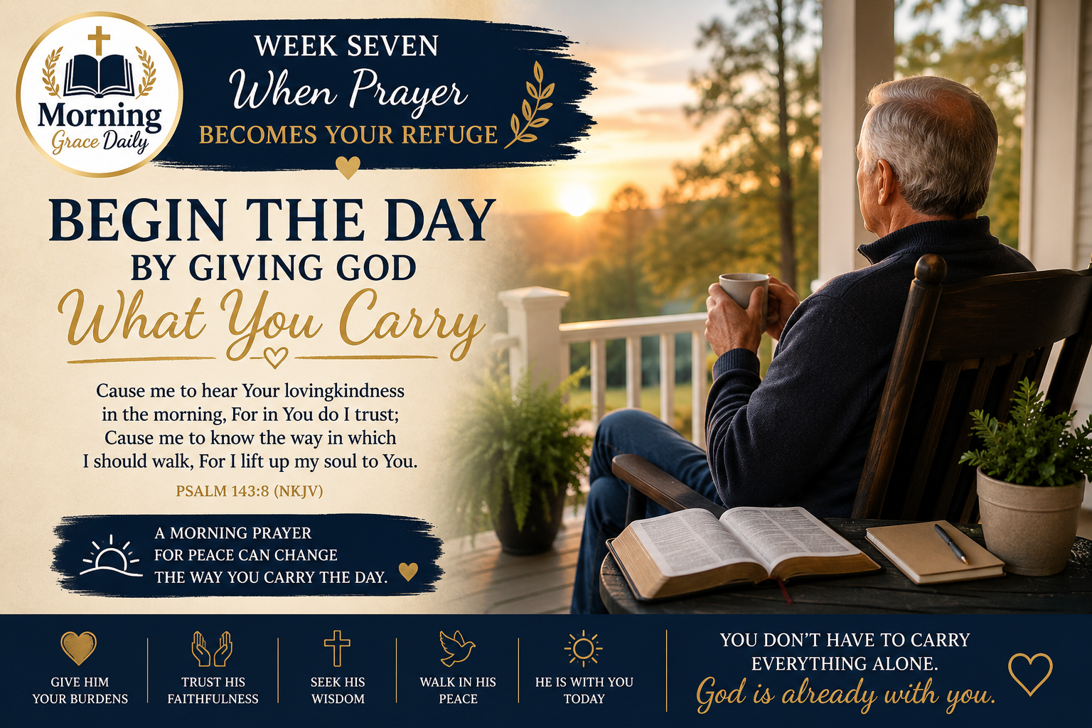 Morning prayer for peace devotional banner showing a quiet early morning moment of prayer, symbolizing surrender, trust, and beginning the day in God's presence.