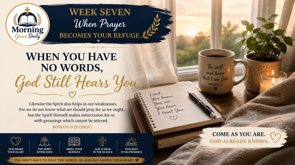 God hears every prayer devotional banner showing a quiet reflective moment by a window, symbolizing prayer, peace, and God's presence when words are hard to find.