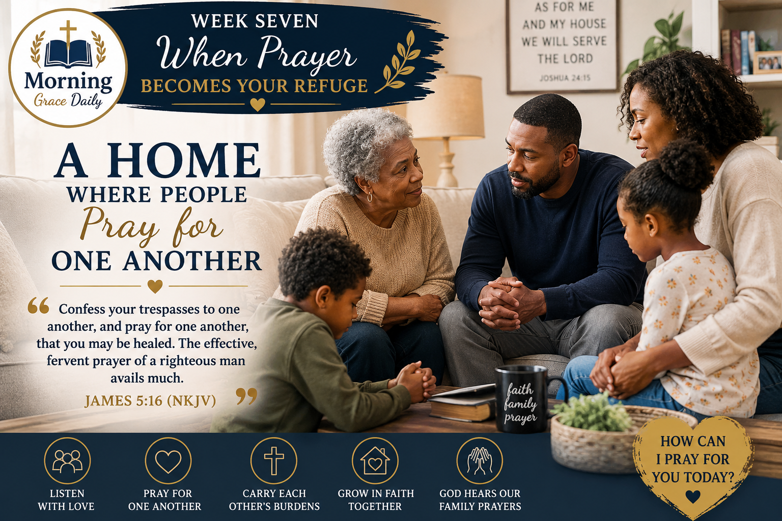 Family prayer at home devotional image showing a family sharing a sincere moment of prayer and encouragement together.