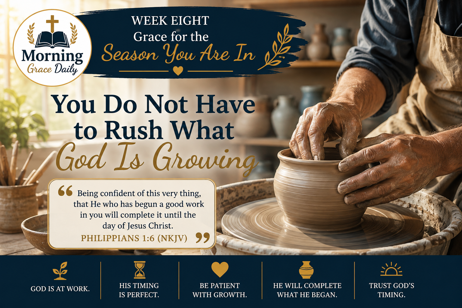 Trust Gods timing devotional image representing patient growth and trusting God when progress seems slow.