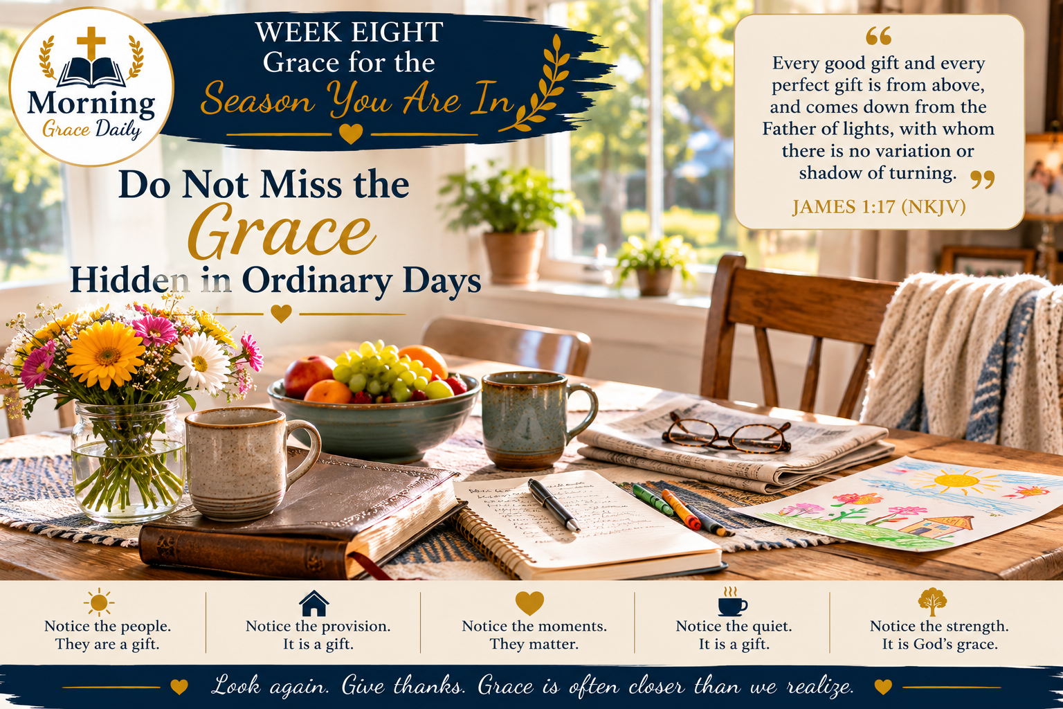 Grace in ordinary days devotional image representing gratitude for Gods everyday gifts, familiar blessings, and quiet moments of goodness.