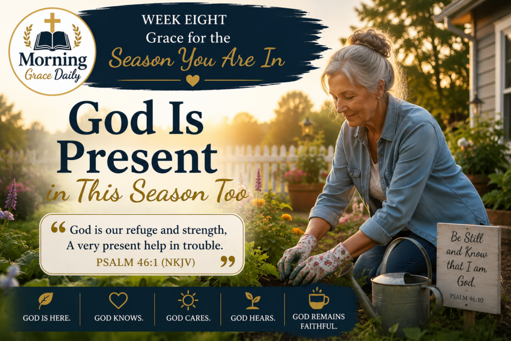God is present today devotional image representing peace, grace, and recognizing God's presence in the season of life we are living now.
