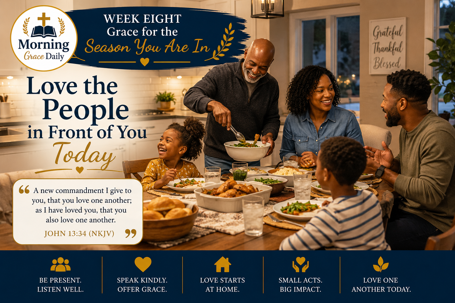 Love one another today devotional image representing family connection, attention, kindness, and showing Gods love through everyday relationships.