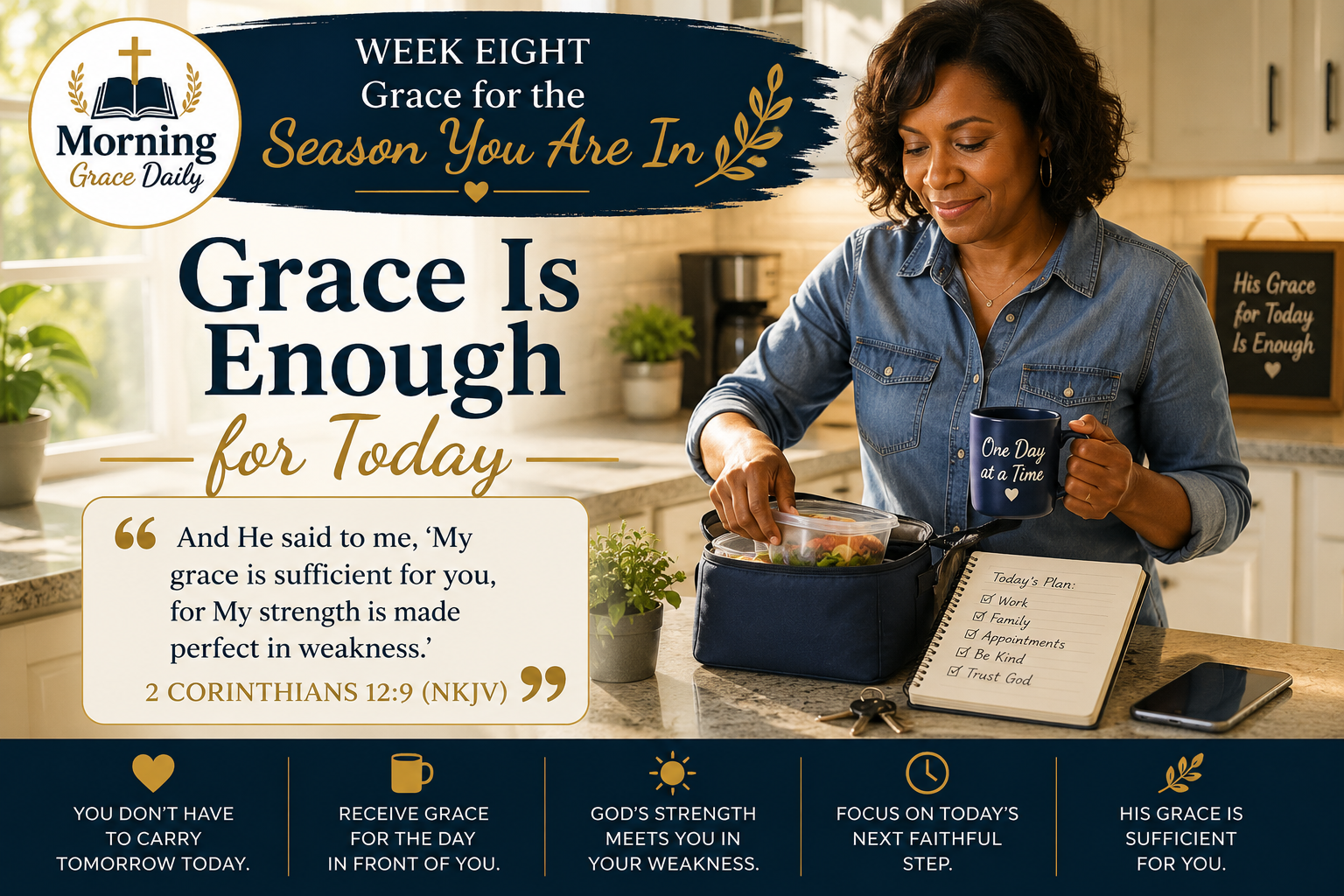Grace for today devotional image representing receiving Gods strength for the responsibilities and challenges of the day ahead.