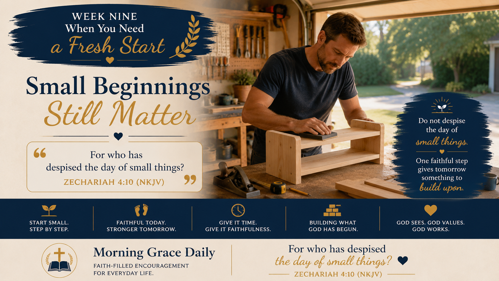 Small beginnings still matter devotional image representing small steps, patient growth, faithful progress, and hope for a fresh start.