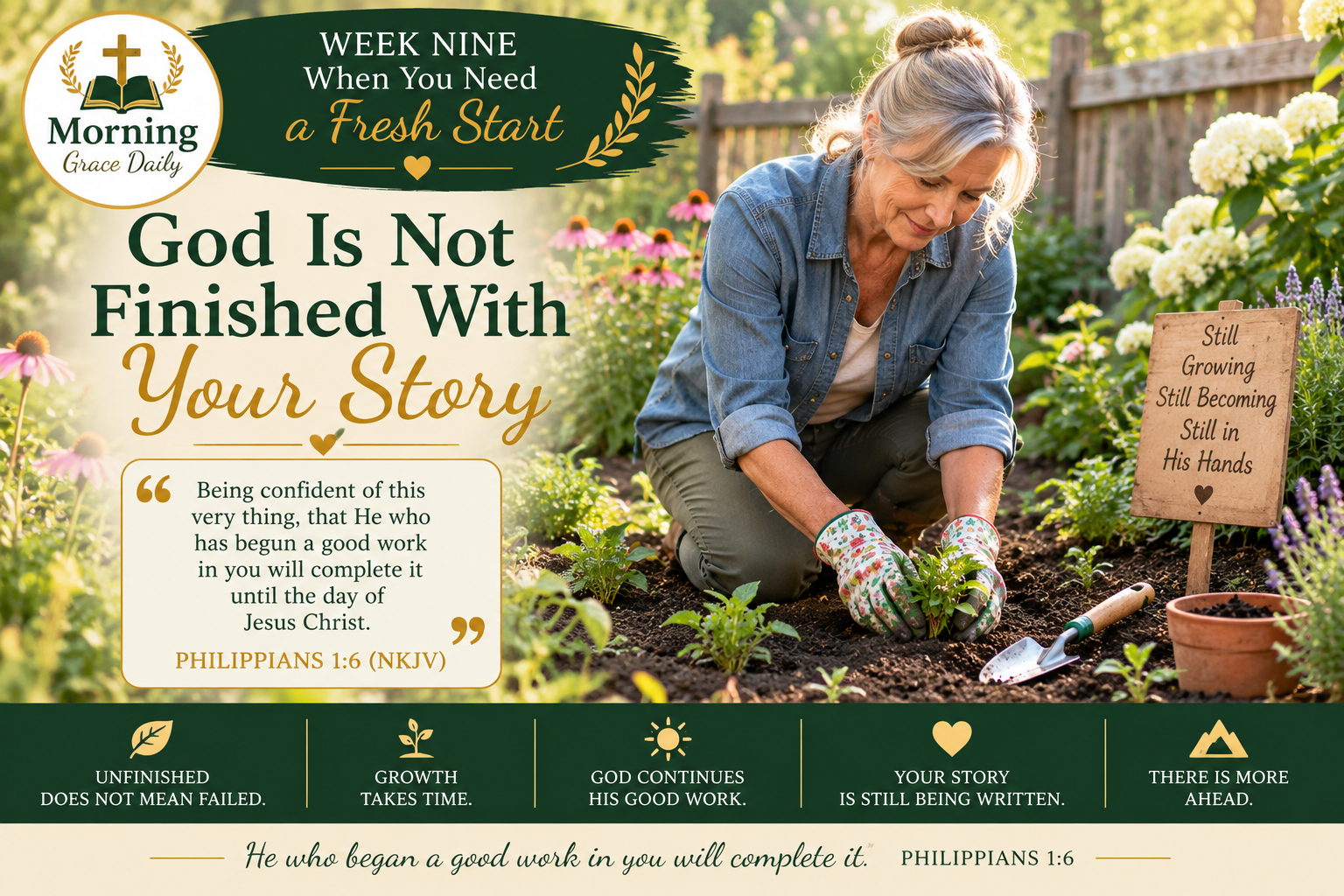 God is not finished with you devotional image representing a fresh beginning, continuing growth, and trusting Gods unfinished work in your life.