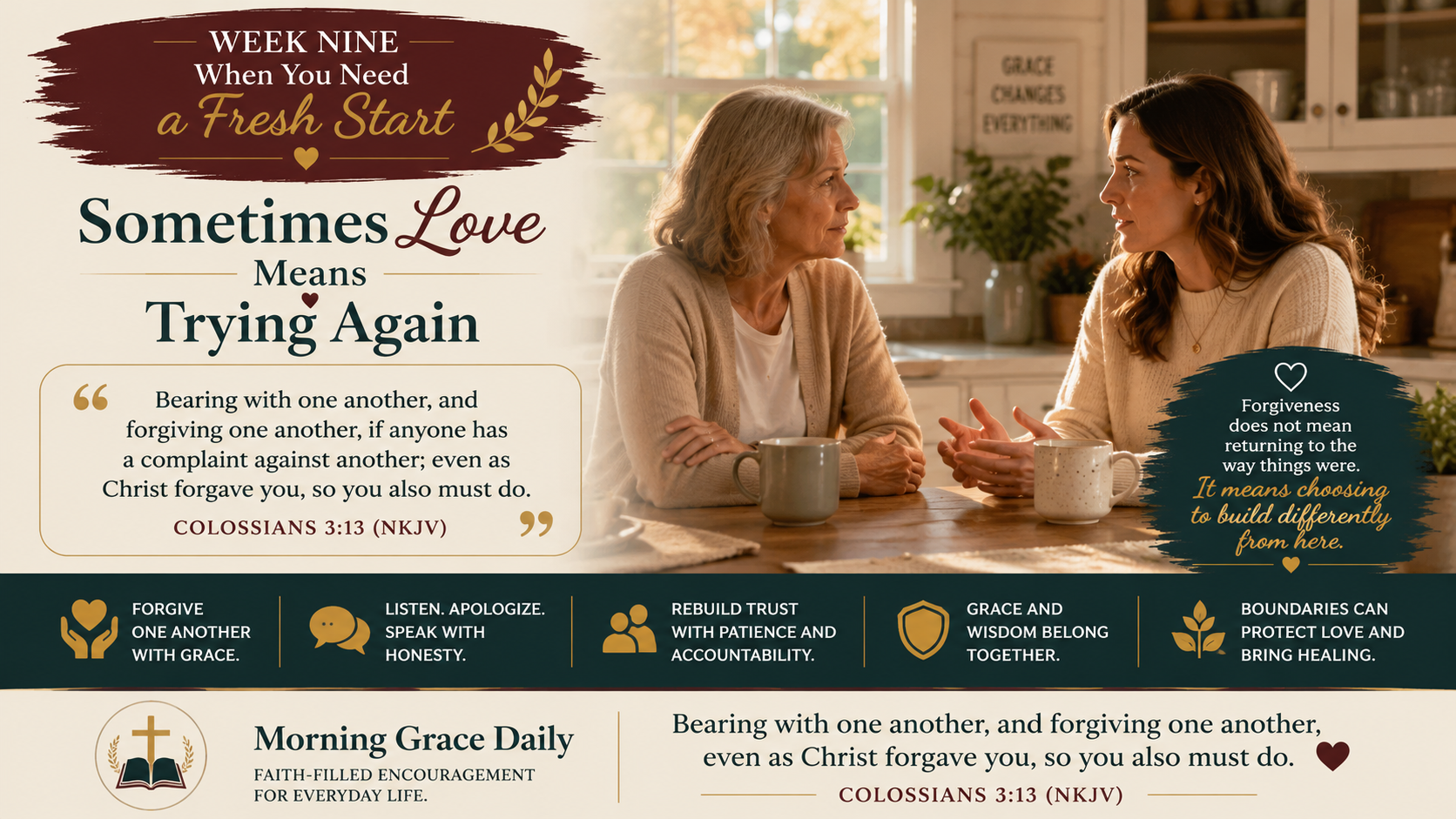Forgive one another with grace devotional image representing forgiveness, reconciliation, healthy relationships, and beginning again with wisdom.
